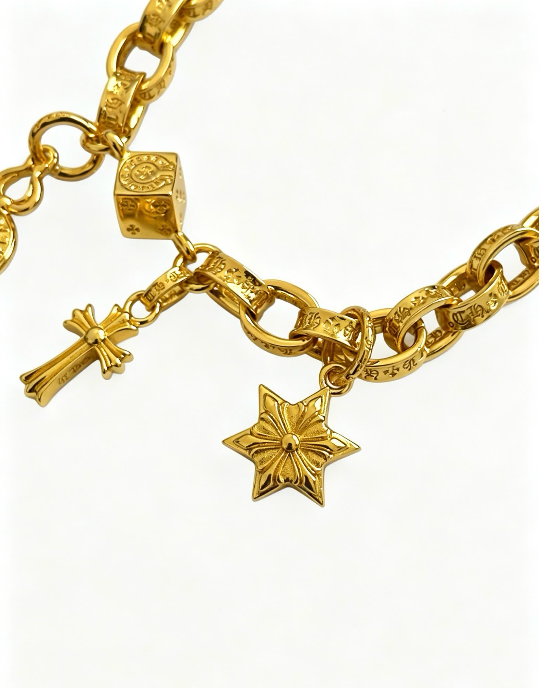 Chrome Hearts Gold Tone Charm Bracelet with Cross, Star, and Coin Charms